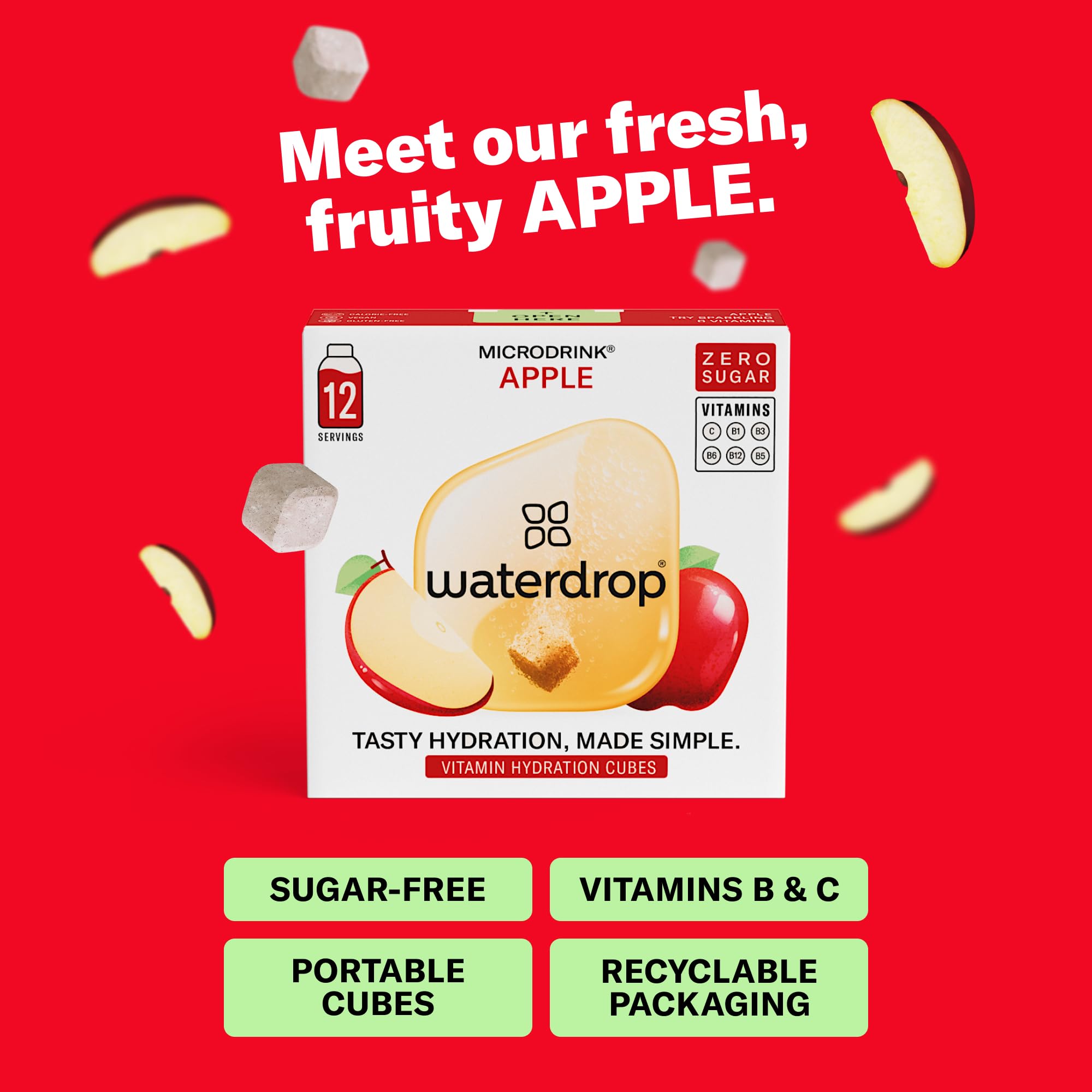 Waterdrop Hydration Cubes with Vitamin C, B3, B5 & Electrolytes, Apple Flavor, Flavored Water Enhancer Electrolyte Cubes for Still & Sparkling Water