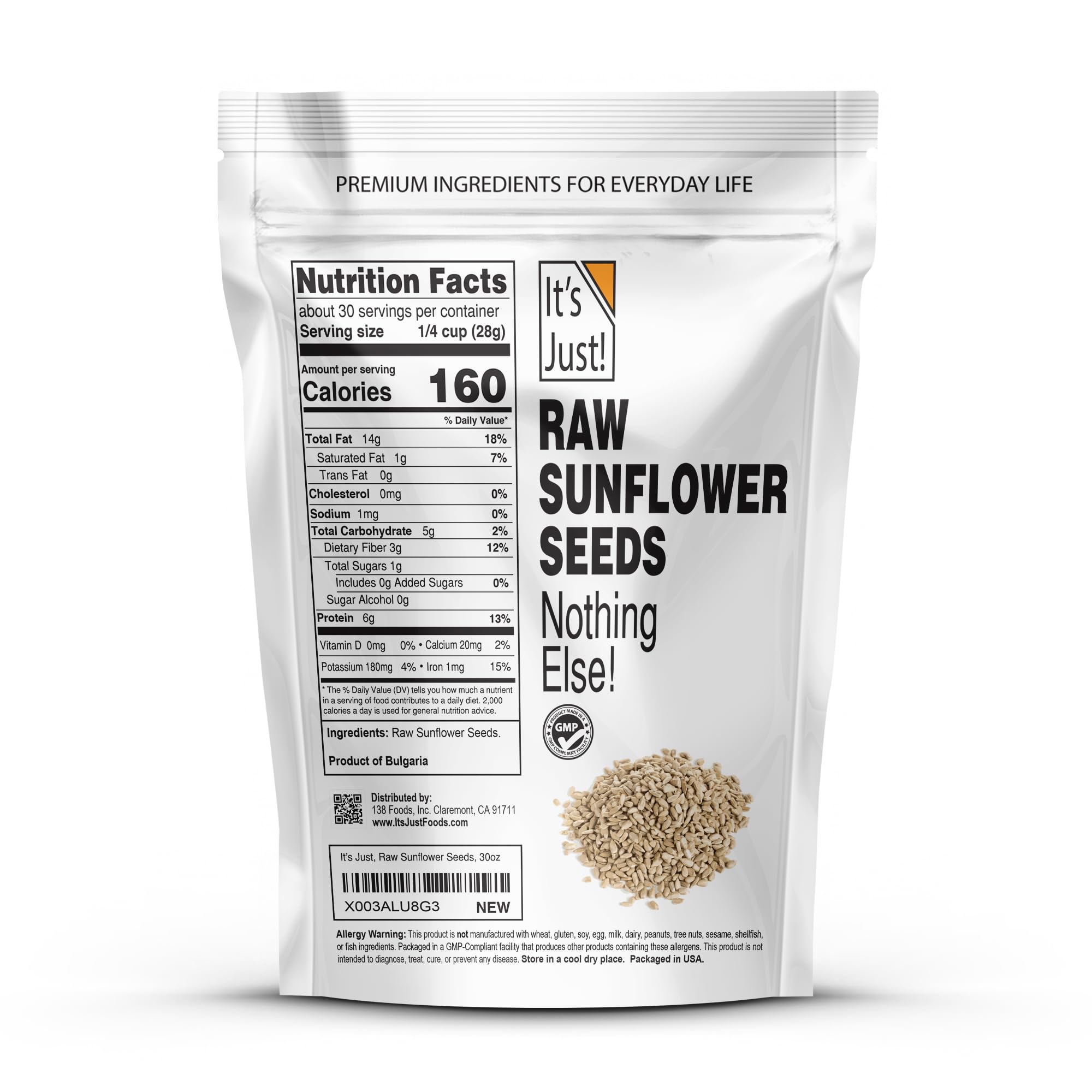 It's Just - Raw Sunflower Seeds, 1.88lbs, Product of Bulgaria, Unsalted, Shelled, Perfect for Baking, 30oz