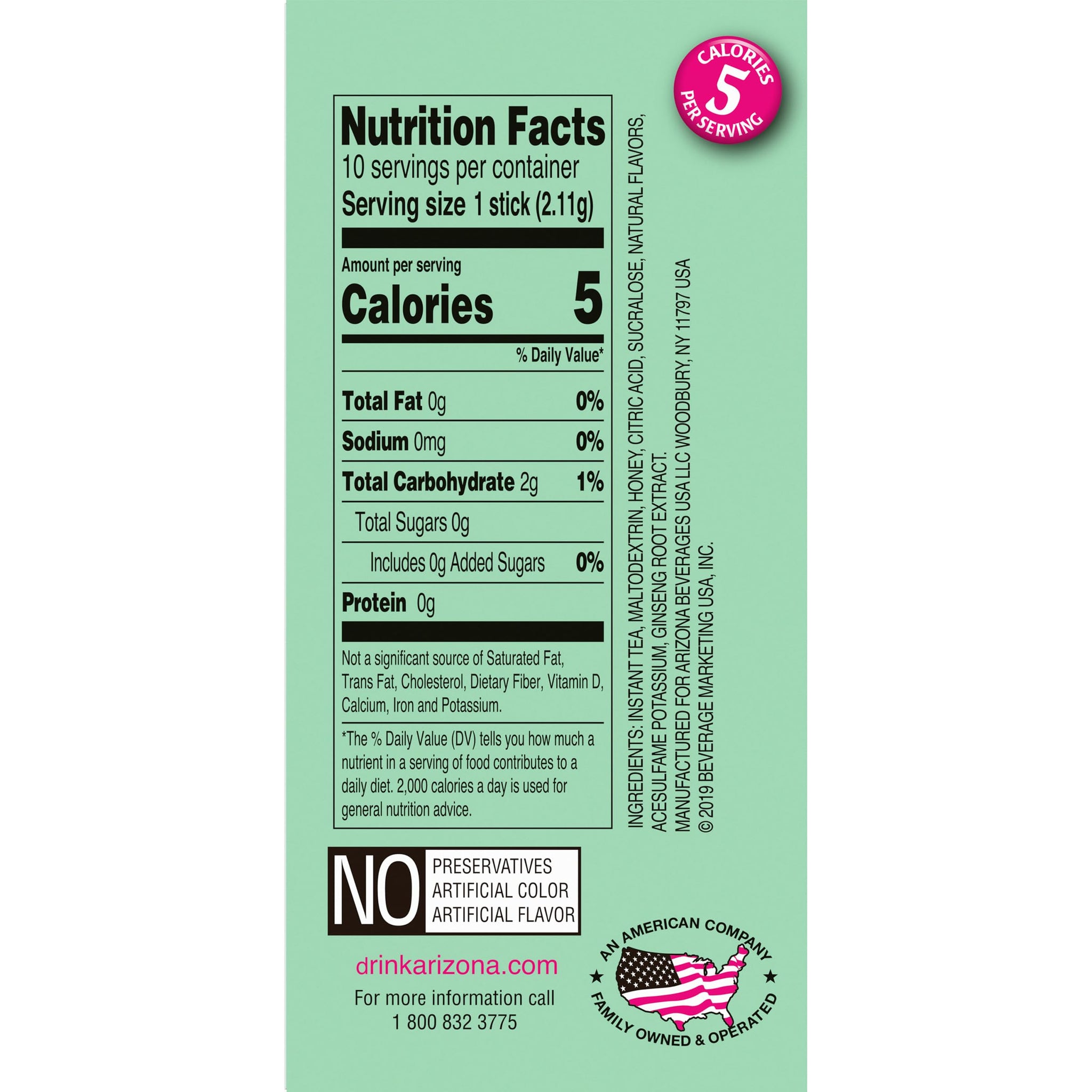 AriZona Zero Sugar Green Tea with Ginseng & Honey Powdered Drink Mix Sticks, 10 ct. Box