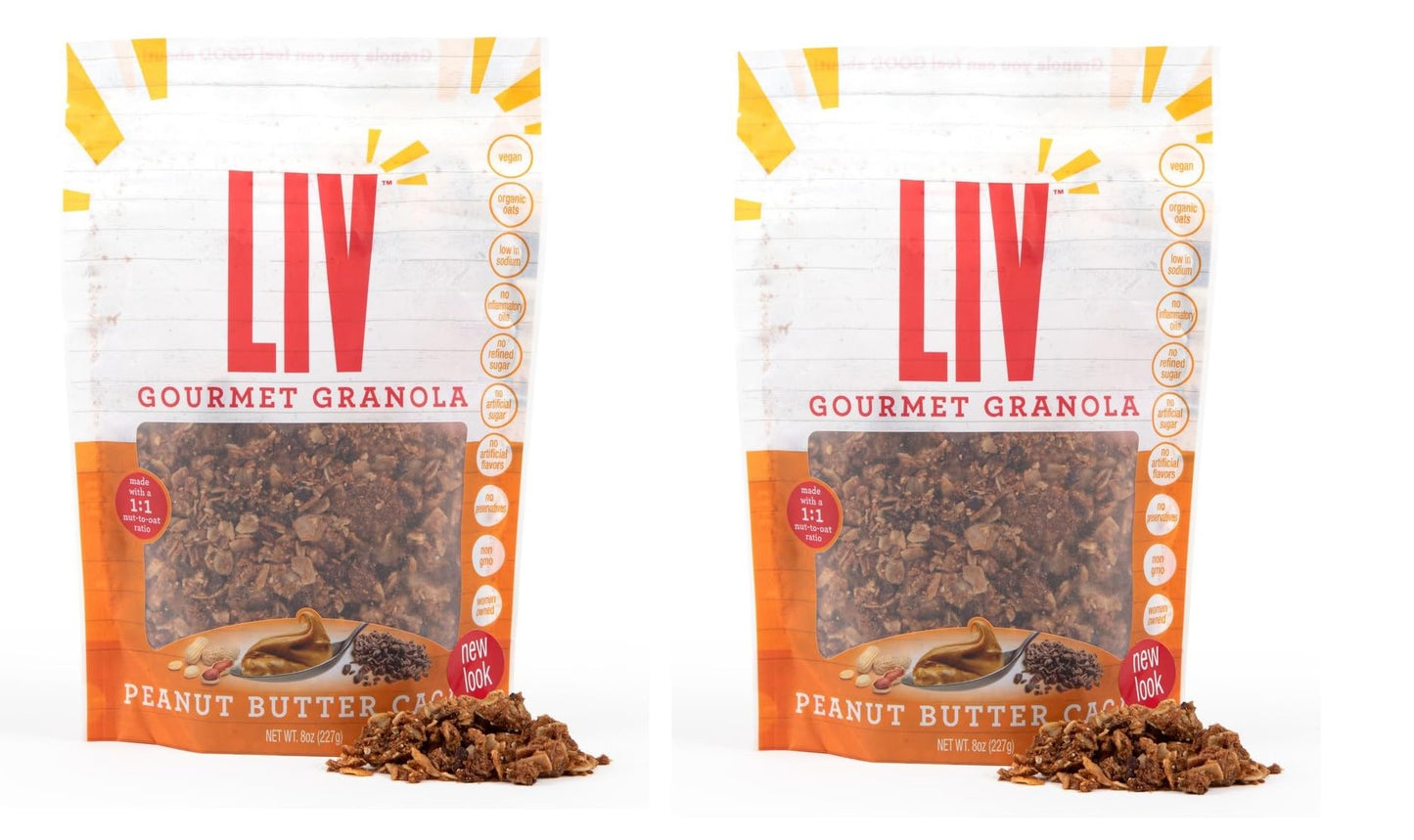 Liv Gourmet Peanut Butter Cacao Granola - 8oz (Pack of 2) | Healthy, Nutrient-Dense Snack, Breakfast Cereal | 1:1 Nut-to-Oat Ratio | Non-GMO, Low