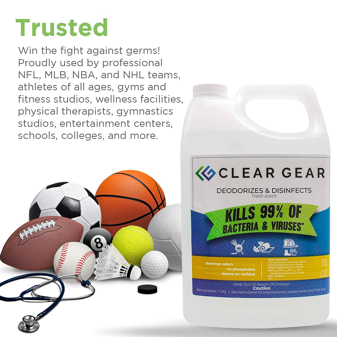 Clear Gear - Disinfectant, Cleaner, and Deodorizer for Sports Equipment, Gyms, and Fitness Centers - EPA-Registered, Hospital Grade, Made in USA - 1