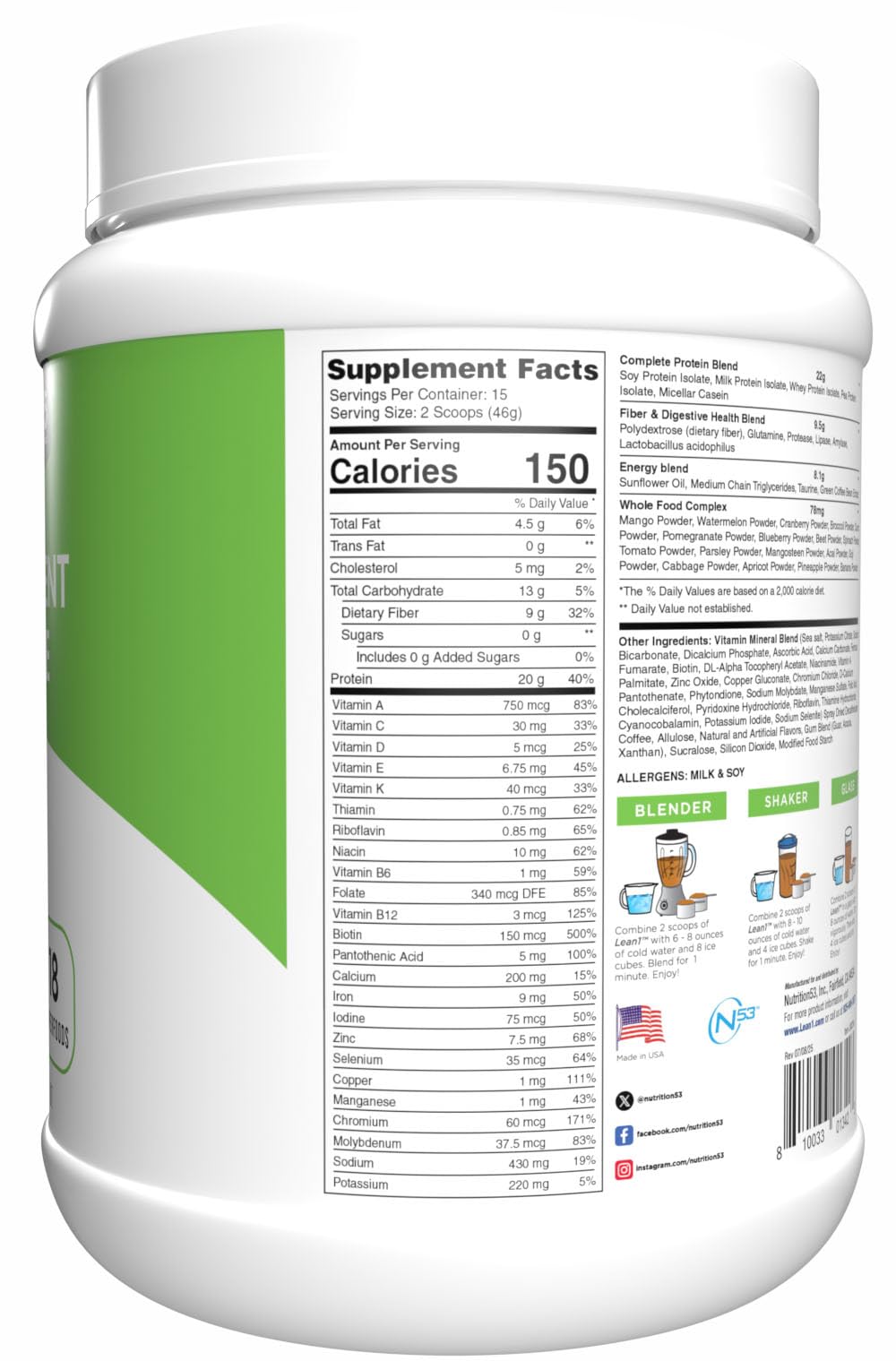 N53 Lean1 Meal Replacement Protein Powder, Cafe Latte Flavor, 15 Serving tub, No Sugar Added