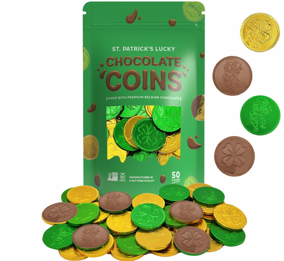 St. Patrick's Day Milk Chocolate Green & Gold Coin, 50 Coins, Shamrock & Leprechaun Themed Coins, Parties, Events and Celebrations, Perfect for Gift