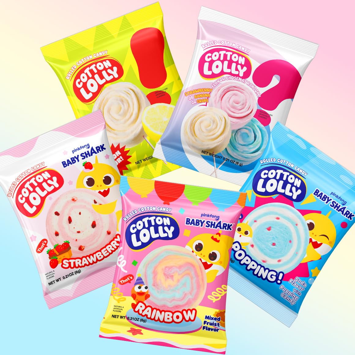 Cotton Lolly Baby Shark Rainbow Cotton Candy 0.21oz 10 Packs