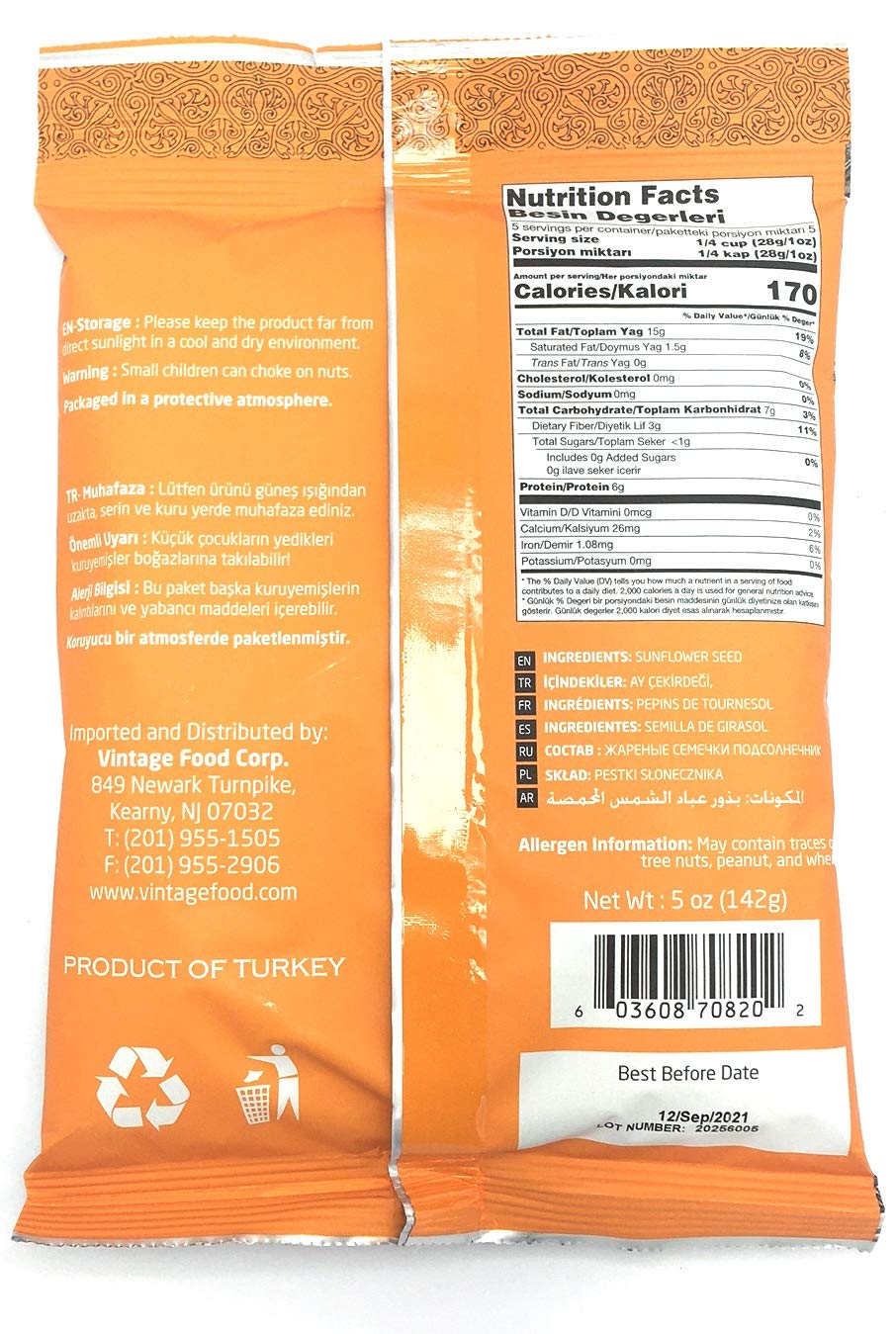 Mr Nut Roasted UNSALTED SunFlower Seeds 5 oz PACK of 5 (Aycicek cekirdegi)
