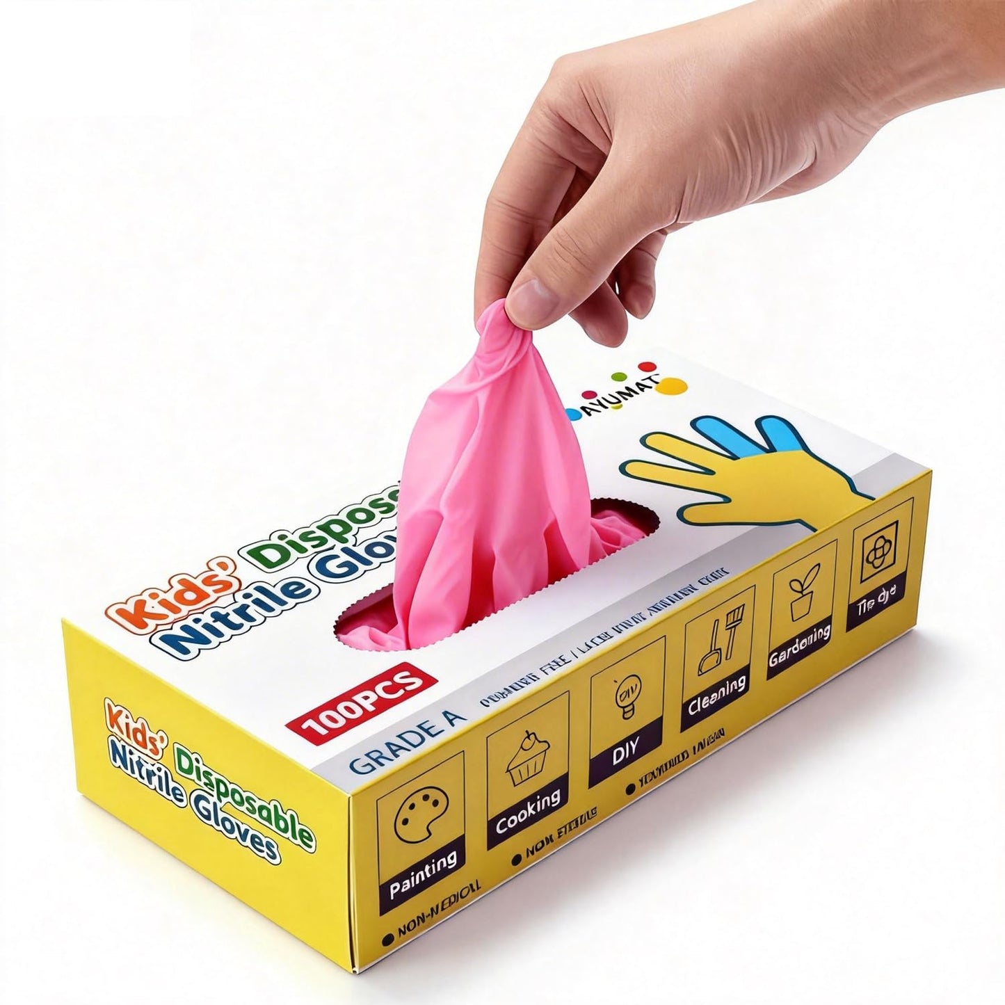 AYUMAT Kids Disposable Gloves for 6-10 Years,Pink Nitrile Gloves Durable and Protective for Painting, Cleaning, Cooking, Gardening (S,100PCS)