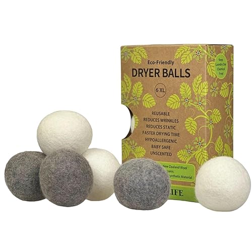 Plantlife 6 Wool Dryer Balls - Reusable, Natural Fabric Softener, Reduces Wrinkles, & Saves Drying Time - Unscented Wool Dryer Balls Laundry Reusable