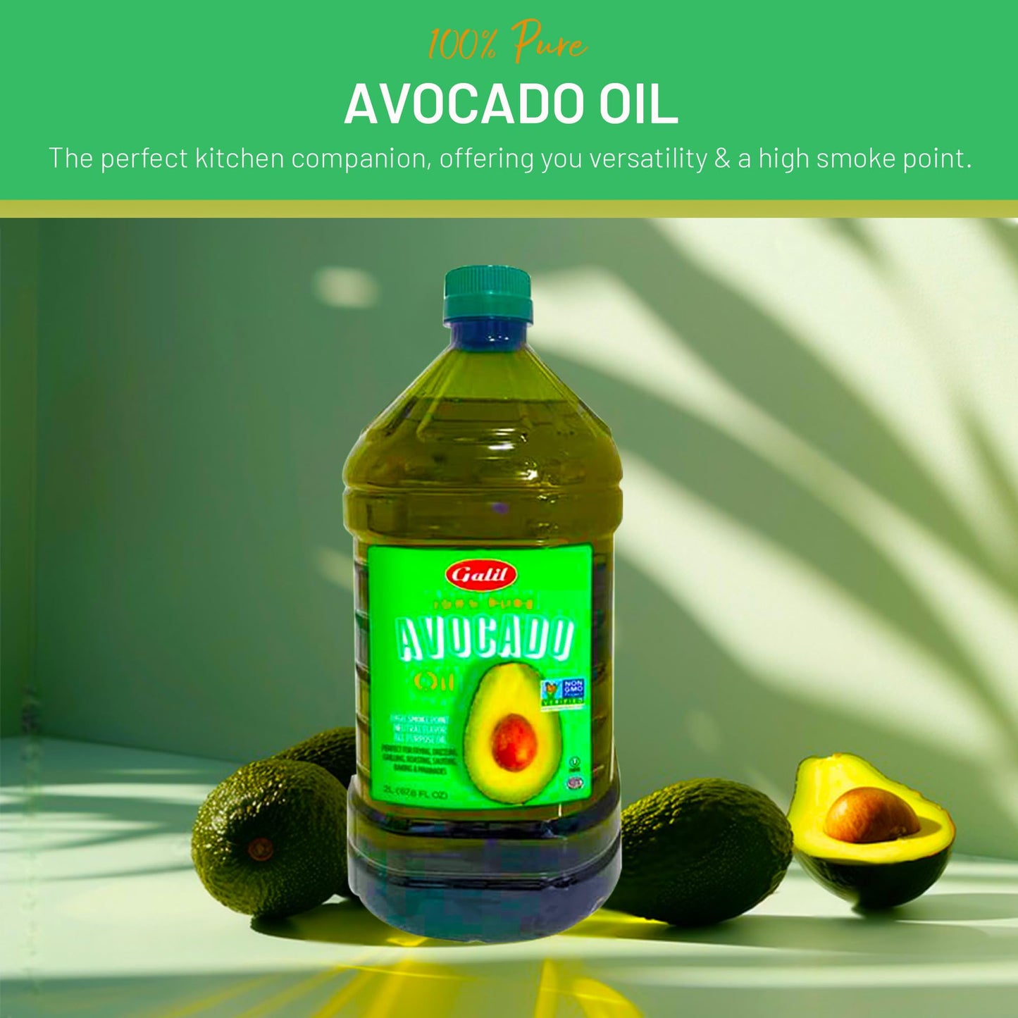 Galil 100% Pure Avocado Oil - High Smoke Point 500°F Non-GMO, Vegan, Halal Certified - Perfect for Cooking, Baking, Sautéing, Dressings & Marinades, Rich in Healthy Fats - 2 Liter Bottle