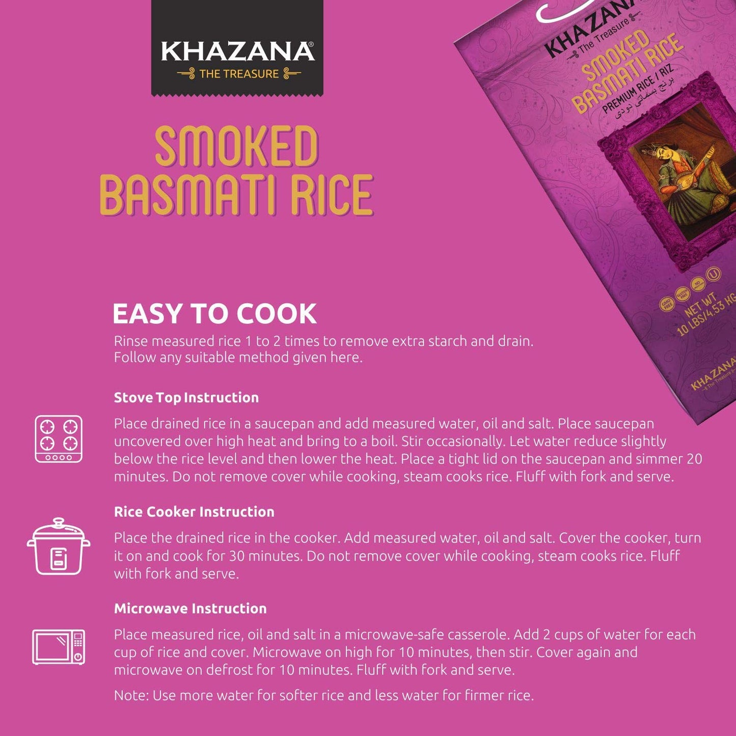Authentic Smoked Basmati Rice by Khazana in 10 lb Bag - Aromatic and Flavorful Indian Grain - Non-GMO, Gluten Free, Kosher, Cholesterol Free