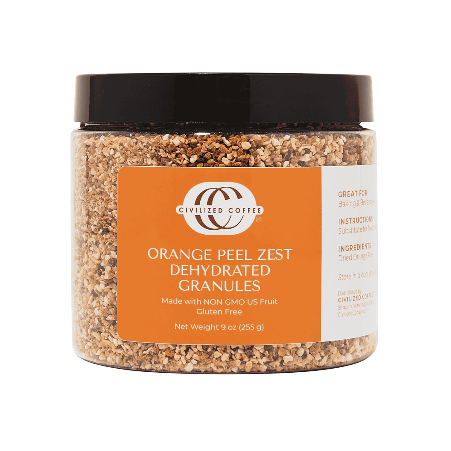 Civilized Coffee Dried Orange Peel Zest - Dehydrated Granules for Baking & Drinks, Non-GMO & Gluten-Free, 9 oz Jar
