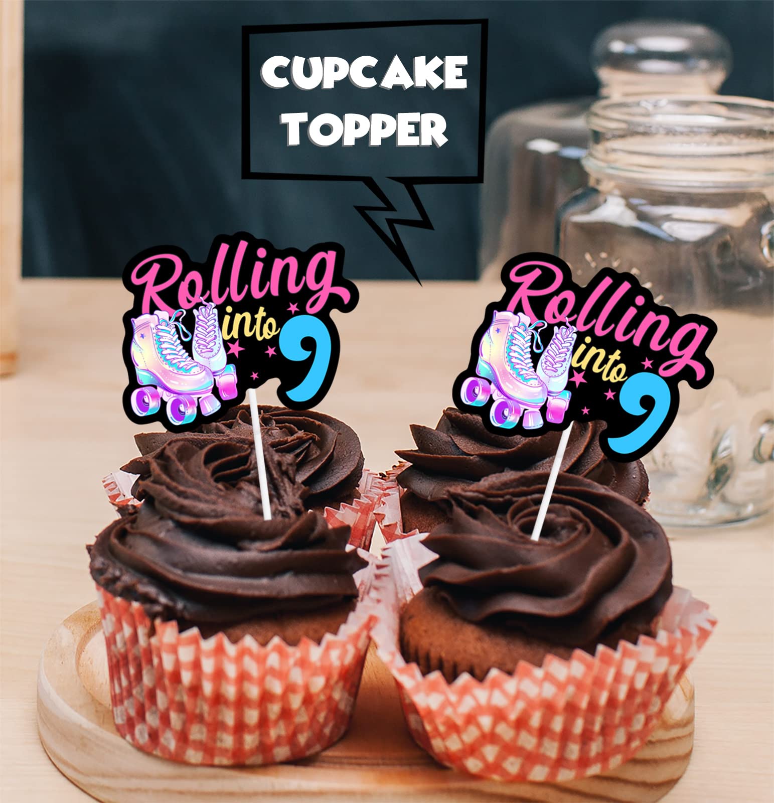 18pcs Black Glitter Pink Roller Skates Dessert Cupcake Topper 80s 90s Retro Hip Hop Roller Skating Rolling into 9 Theme Decor Supplies Boy Girl 9th