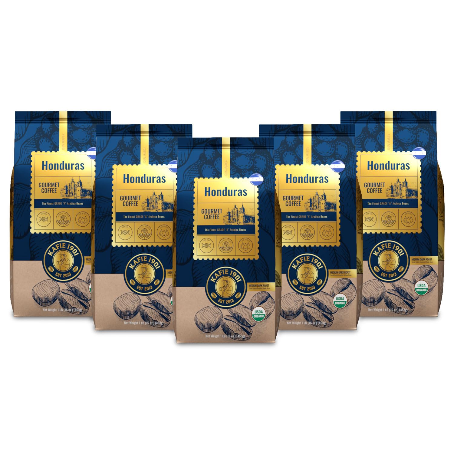 Kafie 1901 Coffee Co. Honduras Medium Dark Roast x 5 lbs. | Organic Whole Bean Coffee | Single-Origin Arabica | Rich Chocolate & Nut Notes |