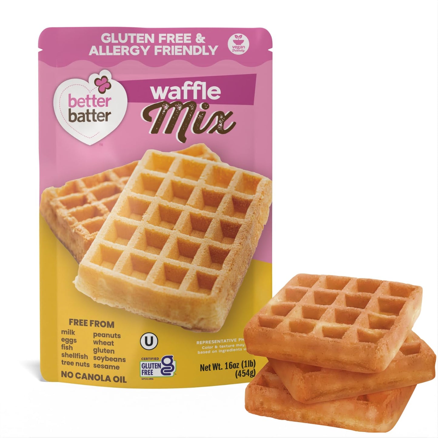 Better Batter Waffle Mix | Certified Kosher, Vegan & Gluten Free Mix for Baking Top 9 Allergen-Free Perfect for Fluffy Waffles! Just Add Water, Eggs & Butter Hostess Kitchen Cooking Gifts 1LB Pouch