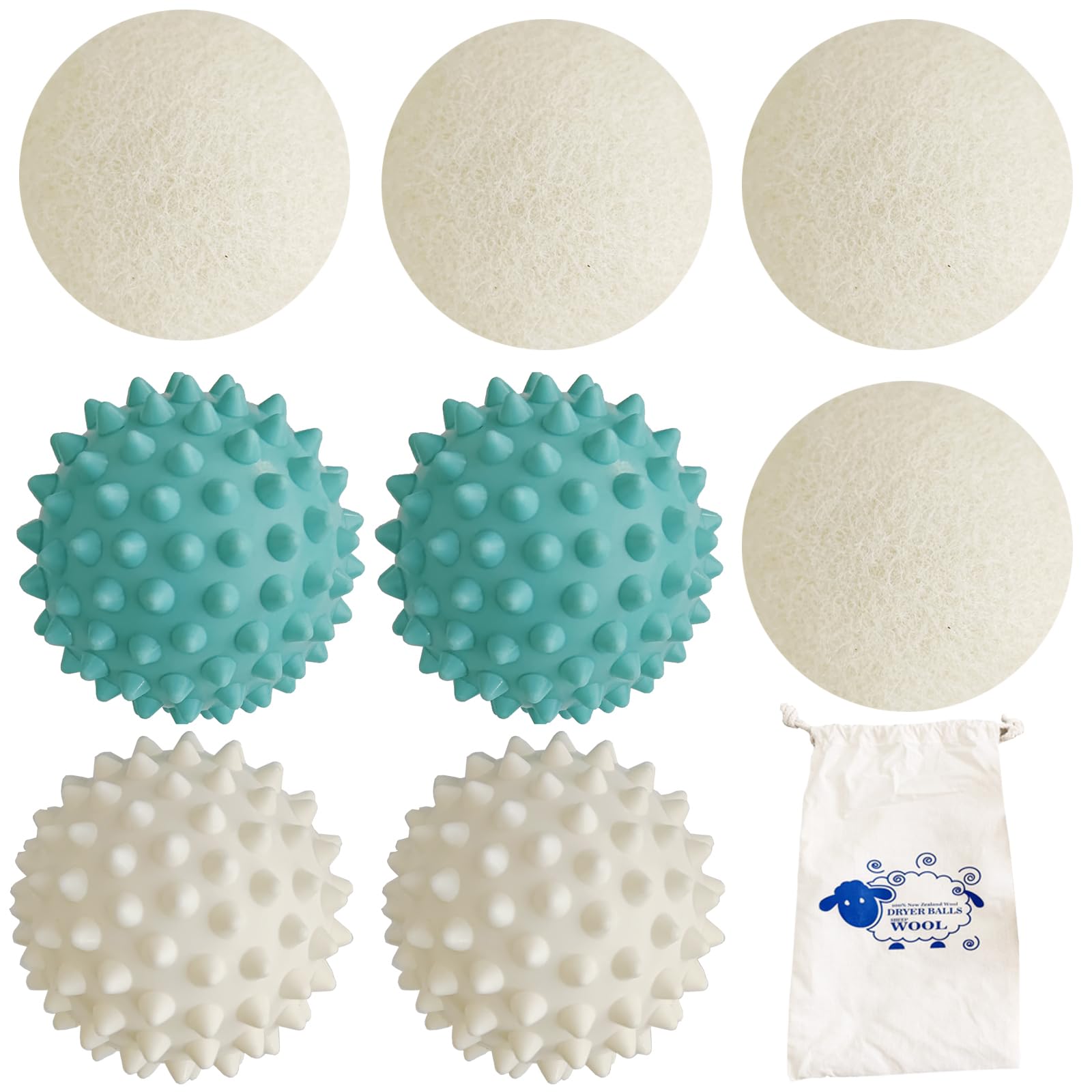 XL Wool Dryer Balls, 8PCS Natural Fabric Softener, Fluff Laundry Wrinkle Release and Saves Drying Time, Reusable (4PCS Plastic Balls and 4PCS Wool