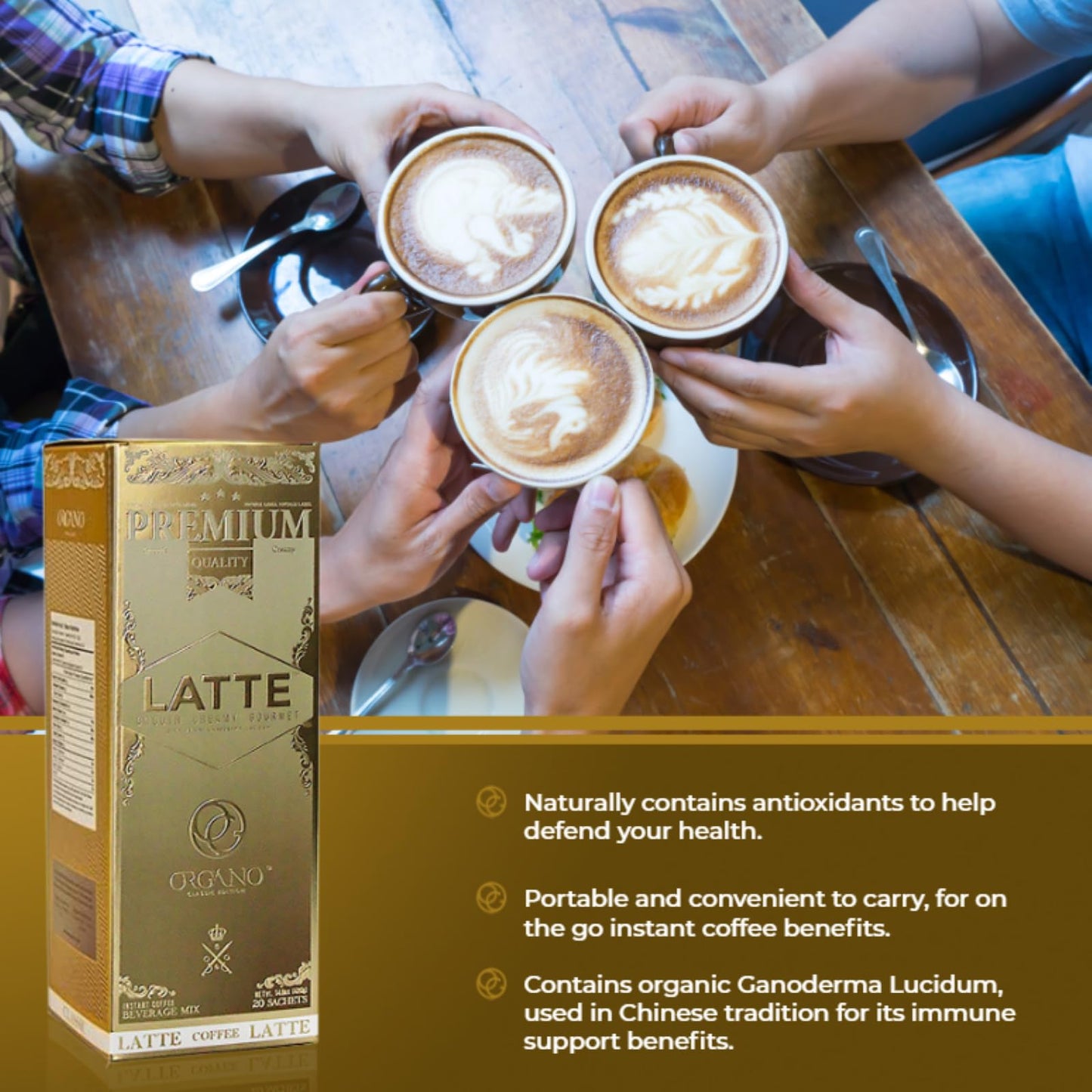 3 Boxes ORGANO Gourmet Cafe Latte, 100% Certified Ganoderma Lucidum (60 Sachets)