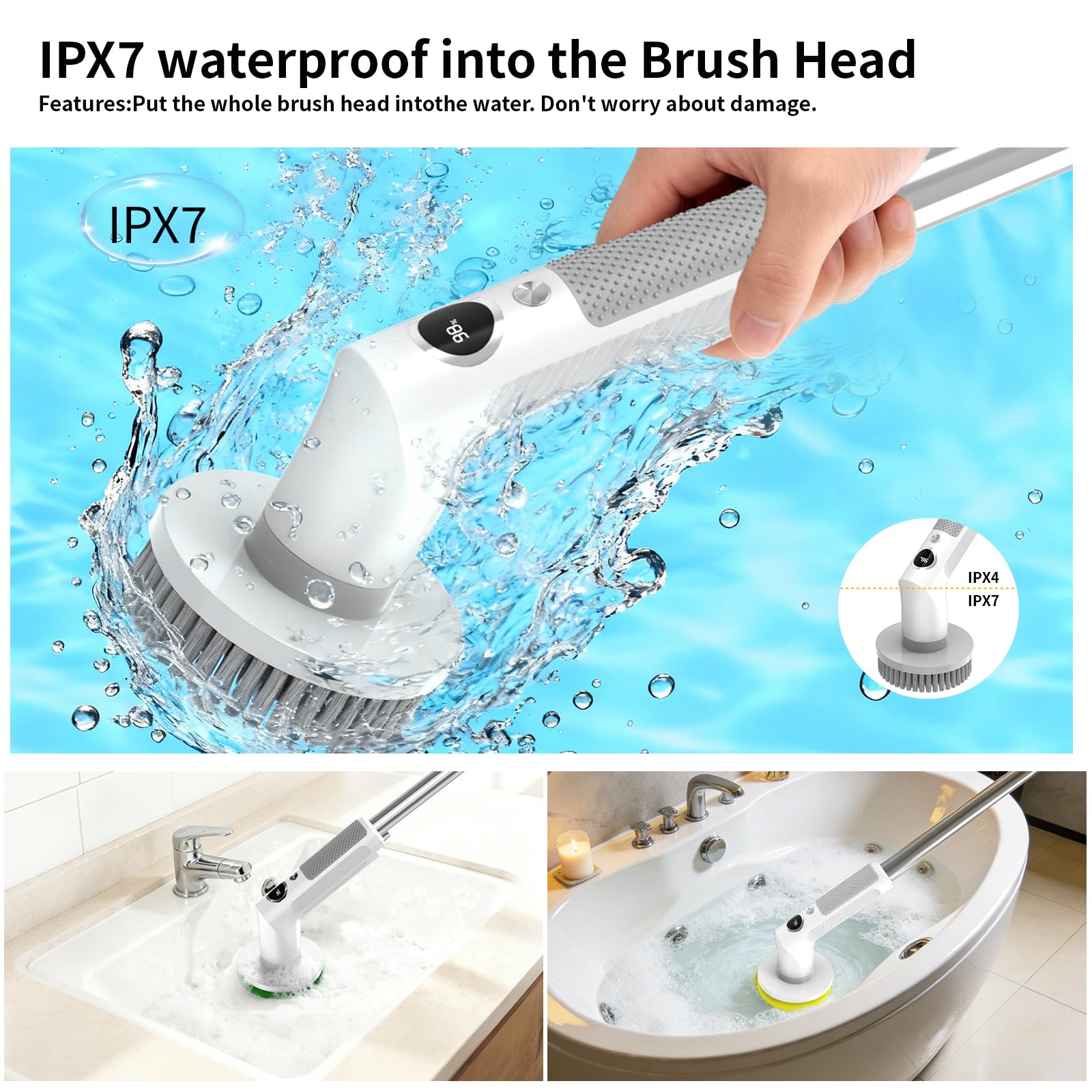 Electric Spin Scrubber, Cordless 20W High-Torque Cleaning Brush Bathroom Scrubber, IPX7 Waterproof Electric Scrubber with 6 Brush Heads, Extendable