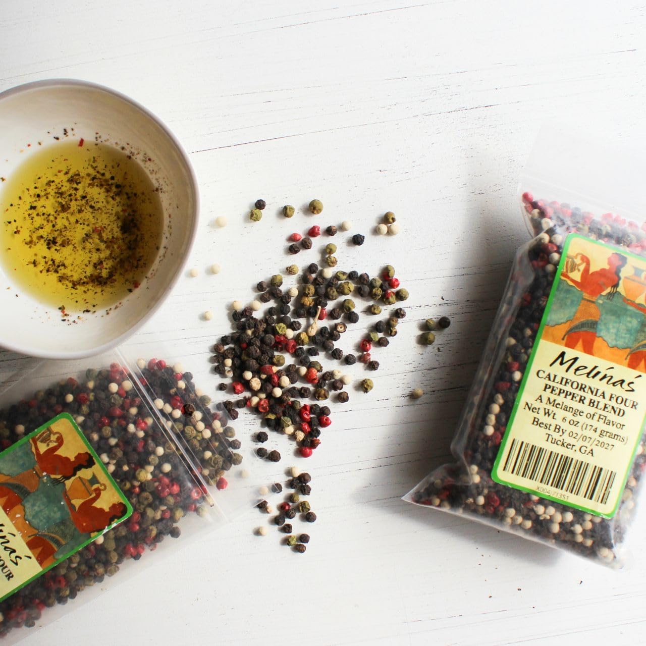 Melina’s California Four Pepper Blend - Whole Peppercorns (Black, White, Pink & Green) - 6 oz | Gourmet & Rainbow Peppercorns for Grinder Refill |