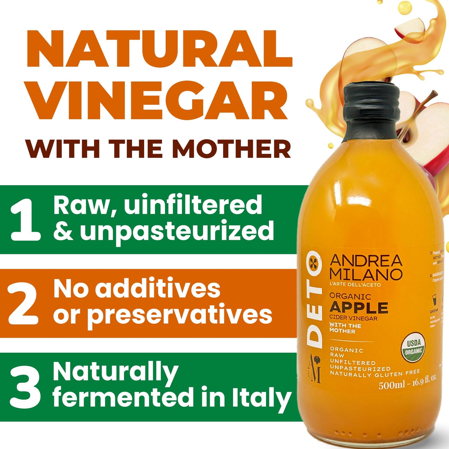 Andrea Milano Organic Apple Cider Vinegar - Raw Italian Natural Vinegar with the Mother, Unfiltered, Unpasteurized, Non-GMO, Vegan, Bulk, Glass Bottle