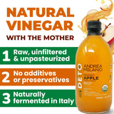Andrea Milano Organic Apple Cider Vinegar - Raw Italian Natural Vinegar with the Mother, Unfiltered, Unpasteurized, Non-GMO, Vegan, Bulk, Glass Bottle