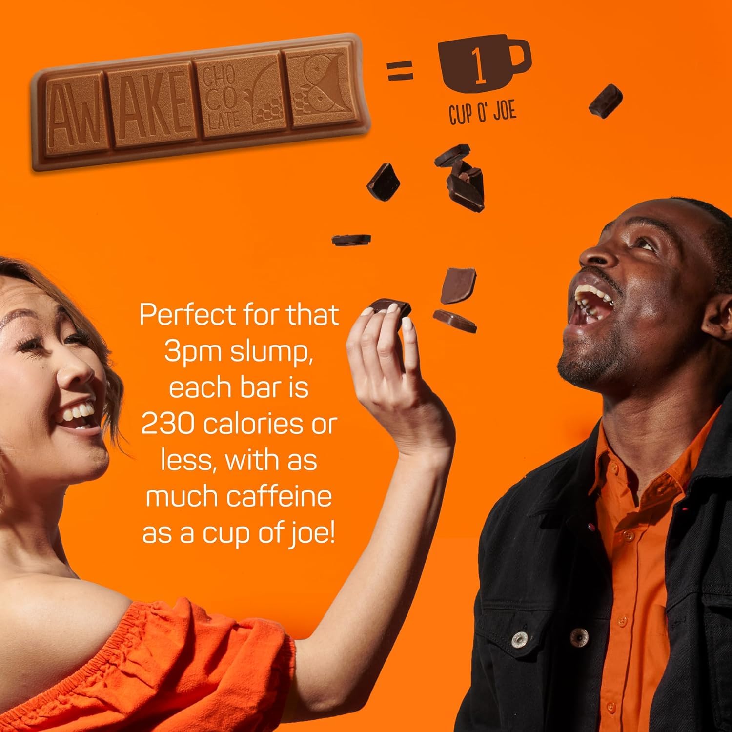 Awake Caffeinated Chocolate Bars - Dark Chocolate, 12 Bars - 100mg Caffeine - 1 Bar Equals 1 Cup of Coffee - Individually Wrapped Energy - Fairtrade