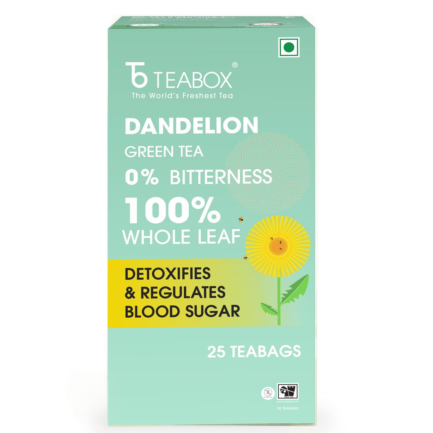 Teabox Premium Darjeeling Green Tea With Dandelion Roots | 100% Whole Leaf & 0% Bitterness | Green Tea From The Himalayas | 25 Tea Bags (Low Caffeine)