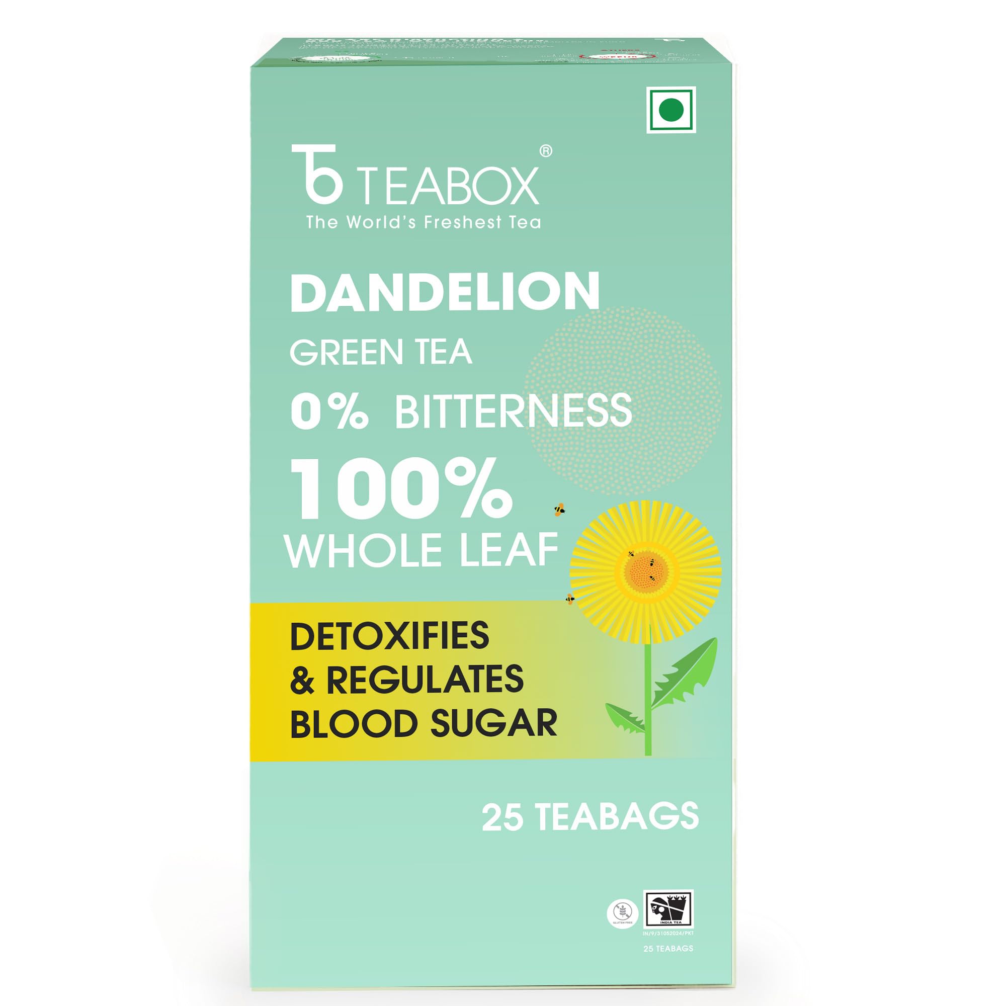 Teabox Premium Darjeeling Green Tea With Dandelion Roots | 100% Whole Leaf & 0% Bitterness | Green Tea From The Himalayas | 25 Tea Bags (Low Caffeine)