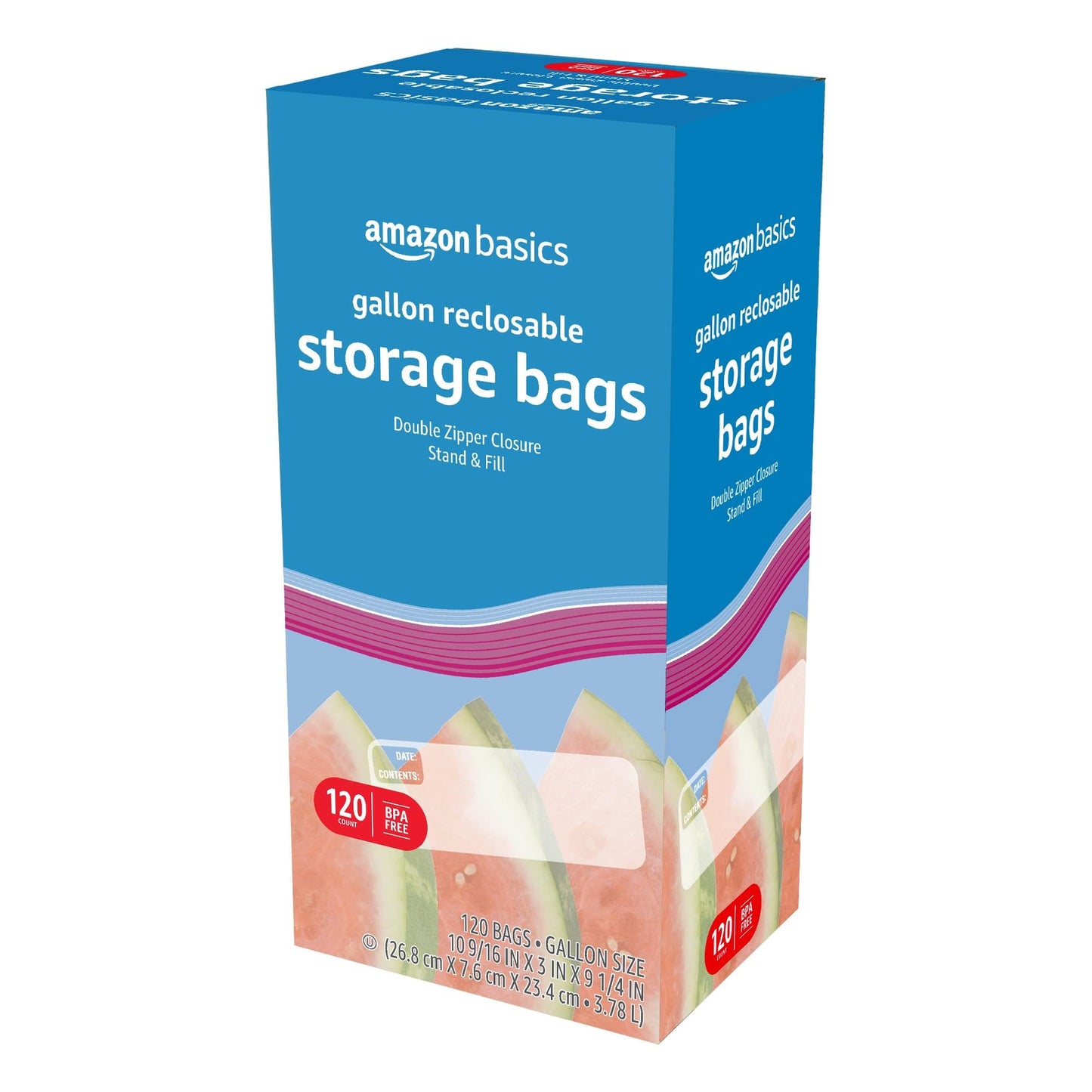 Amazon Basics Reclosable Gallon Food Storage Bags with Double Zipper Seal, Stand and Fill Base, BPA Free, 120 Count