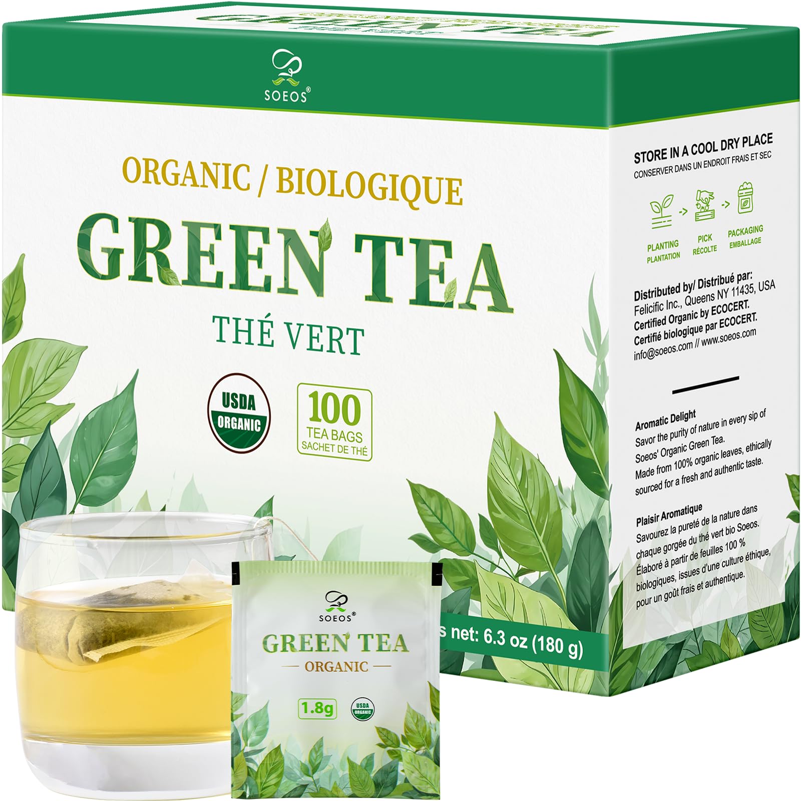 Soeos Organic Green Tea, 100 Tea Bags (Pack of 1), Caffeinated, Fresh and Healthy Green Tea, 6.3 Ounce