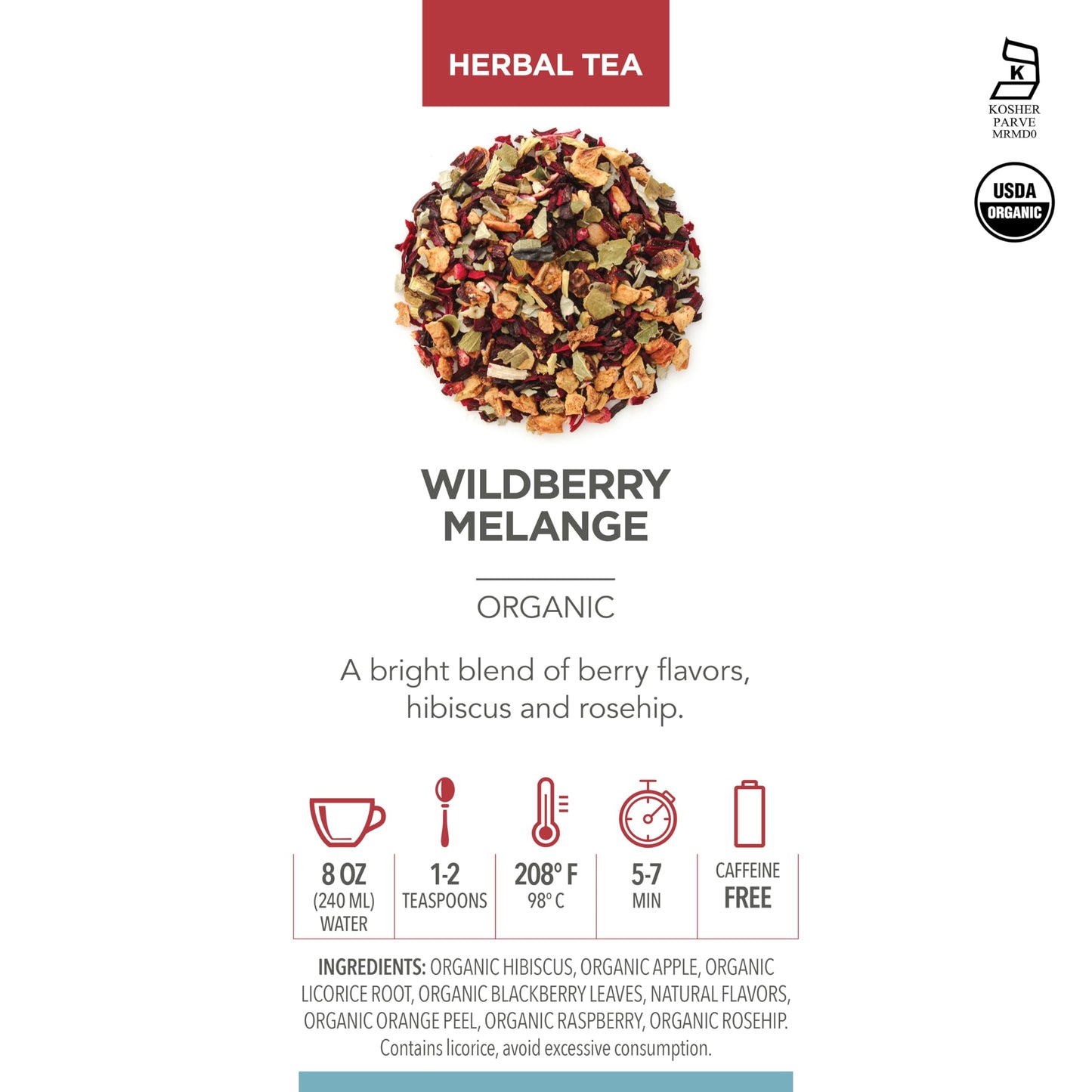 Teabloom Organic Herbal Tea, Wildberry Mélange Loose Leaf Tea, Berry Flavor Herbal Tea, USDA Organic Certified and Kosher Certified Fruit Tea Blend