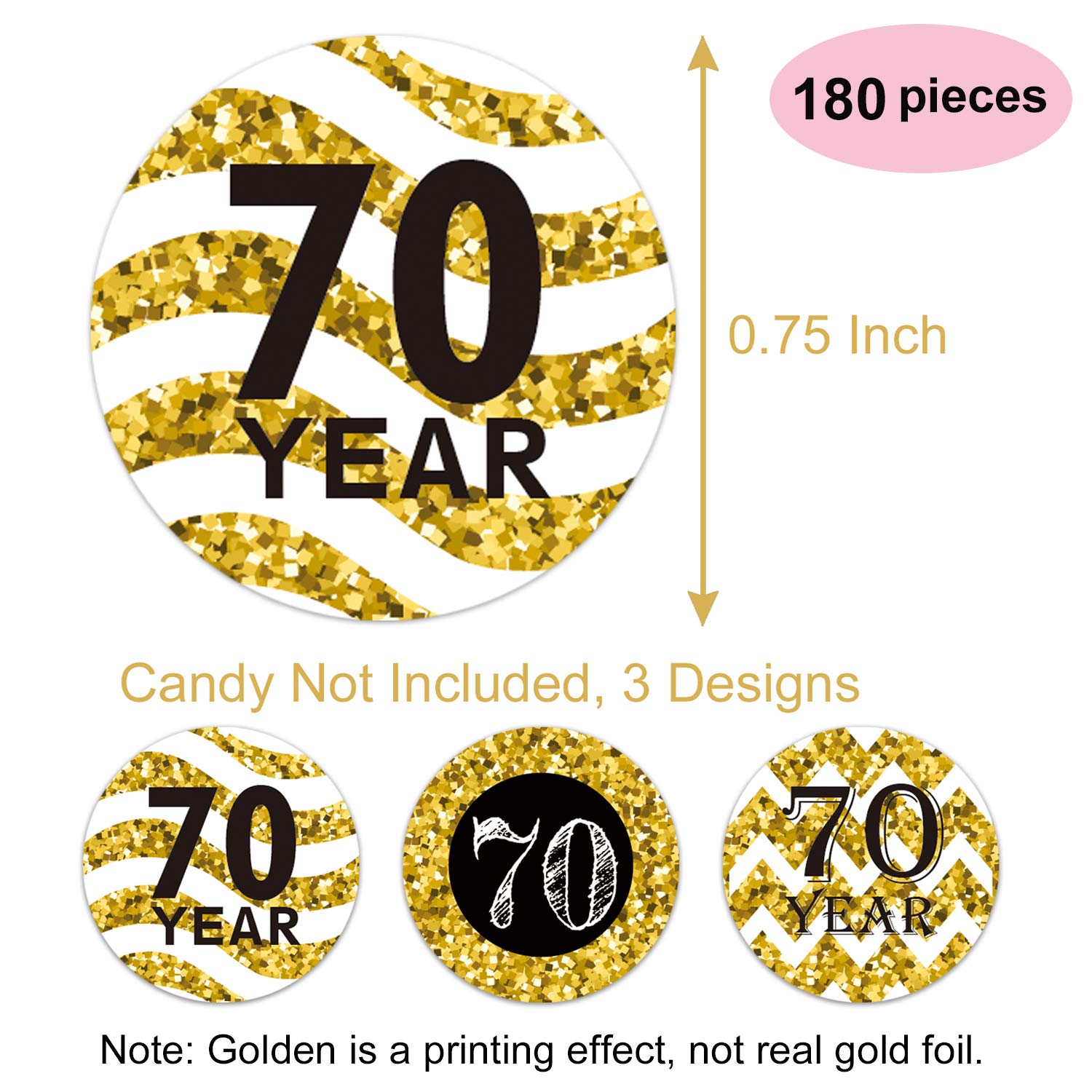 180 Count 70th Birthday Party Favor Labels, Chocolate Drops Stickers for Anniversary, Black and Gold Decorations