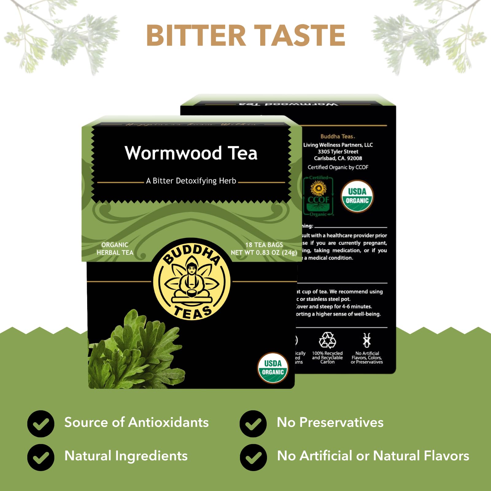Buddha Teas - Organic Wormwood Tea - Herbal Tea - For Health & Wellbeing - With Antioxidants & Minerals - Clean Ingredients - Caffeine Free - OU