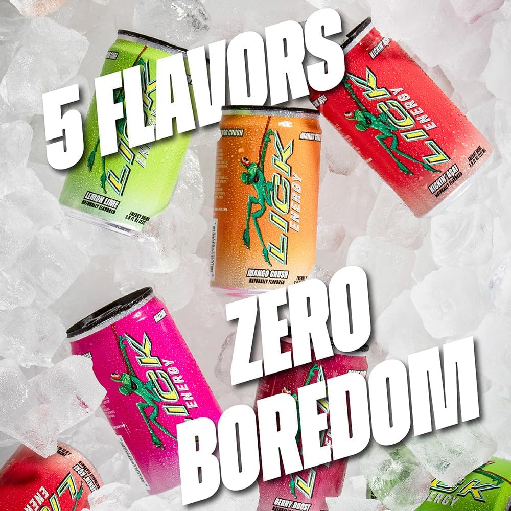 LICK Energy Drink - Razzade, No Sugar, No Crash, Green Tea Caffeine (100mg), with Ginger, Antioxidants and Vitamins A, B6, B12, and C, 7.5oz (6pk)