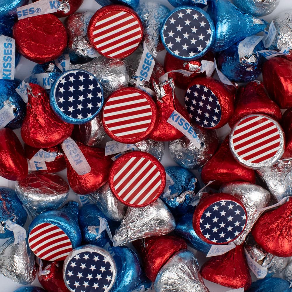 255ct Patriotic Stars & Stripes Stickered Hersheys Milk Chocolate Bulk Kisses For Party Favors And Gifts, Parade Candy, Buffets, Treat Bags & More