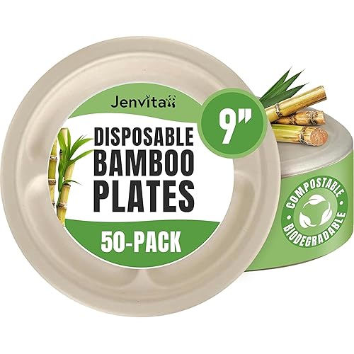 Jenvita Bamboo Paper Compartment Plates Disposable (50-Pack, 9-inch) - Sturdy & Microwave Safe | Heavy Duty Disposable Plates with Dividers | PFAS