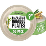 Jenvita Bamboo Paper Compartment Plates Disposable (50-Pack, 9-inch) - Sturdy & Microwave Safe | Heavy Duty Disposable Plates with Dividers | PFAS
