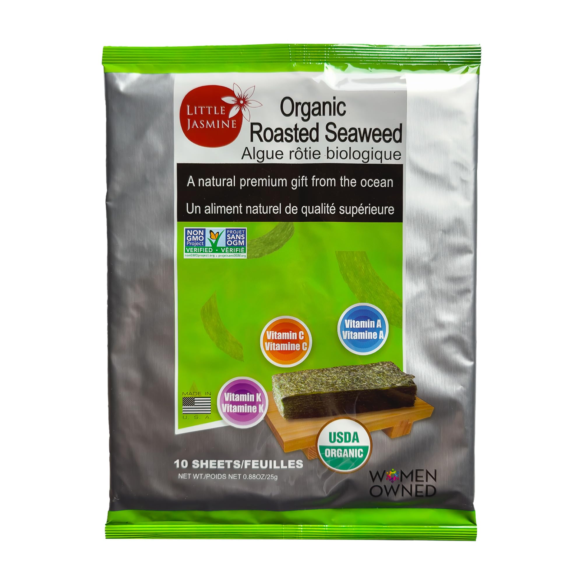 Little Jasmine USDA Organic, Non-GMO Roasted Nori Seaweed-10 Full Sheets (2packs)