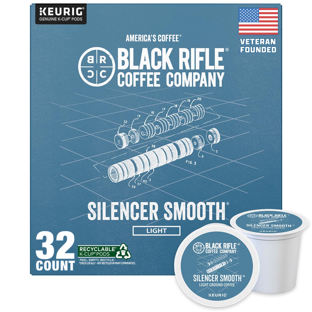 Black Rifle Coffee Company Silencer Smooth, 32 Count, Light Roast K Cups - Single Serve K Cups Coffee Pods - Kcup Pods Compatible with Keurig 1.0