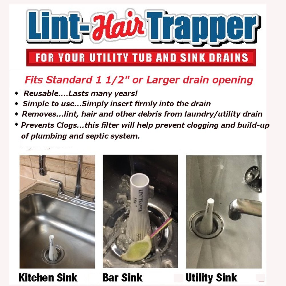 Lint Hair Trapper for filtering Washing Machine Utility Tub and Sink drains-reusable and customizable with built-in overflow guard. Traps Lint, hair