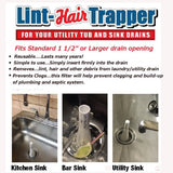 Lint Hair Trapper for filtering Washing Machine Utility Tub and Sink drains-reusable and customizable with built-in overflow guard. Traps Lint, hair