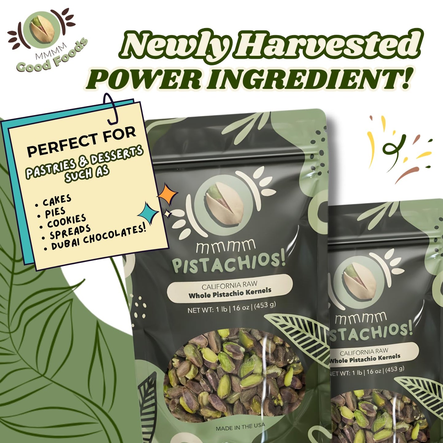 mmmm Pistachios! Raw Whole Pistachio Kernels No Shell Unsalted, 1 Pound (16 oz) | California Grown Freshly Harvested Pasteurized | Vegan Gluten Free