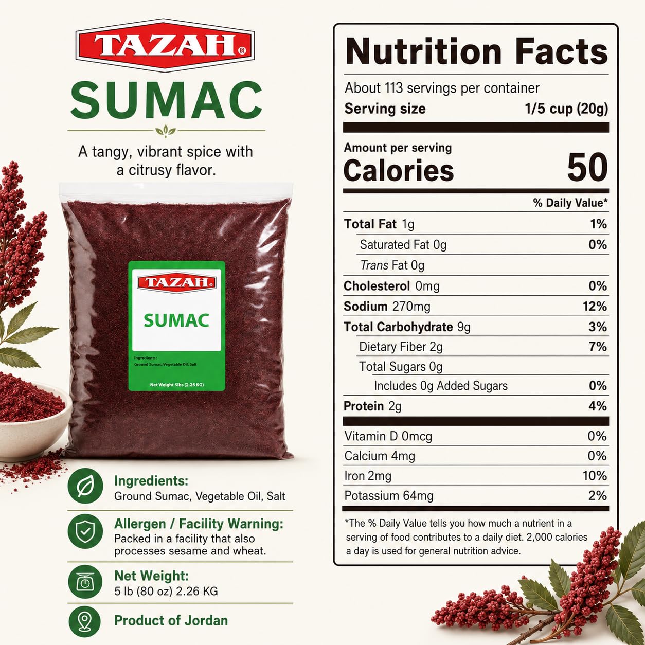 Tazah Sumac Spice 5 lb, Bulk Ground Sumac Seasoning from Jordan, Tangy Middle Eastern and Mediterranean Spice Powder for Restaurants, Foodservice