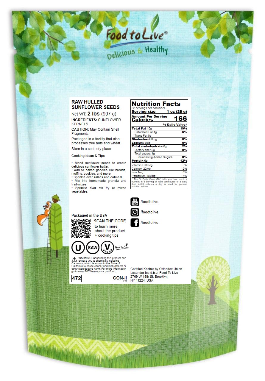 Food to Live - Sunflower Seeds, 2 Pounds - Kernels, No Shell, Kosher, Raw, Vegan, Bulk