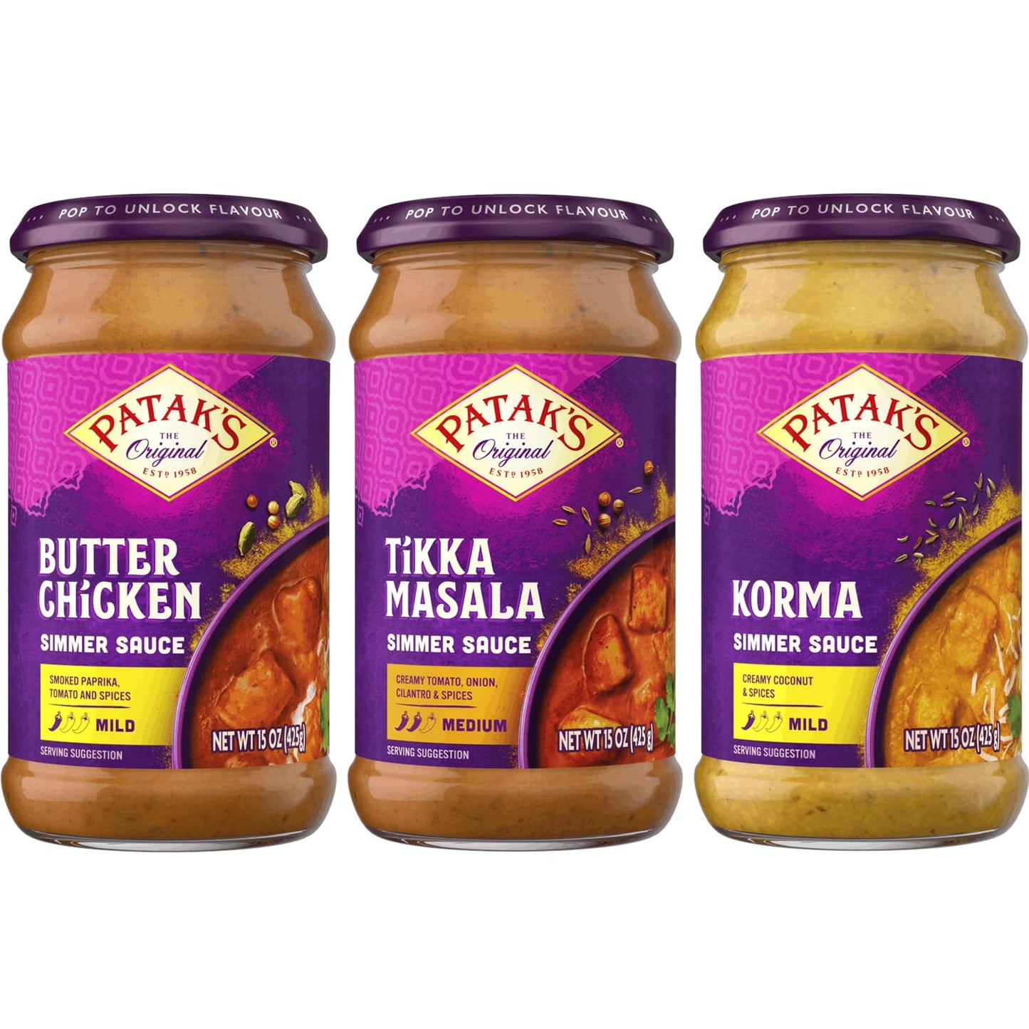 Patak's Simmer Sauce Variety Pack, Butter Chicken, Tikka Masala & Korma, Mild to Medium Curry with Cream, Coconut & Spices, Gluten-Free & Vegetarian