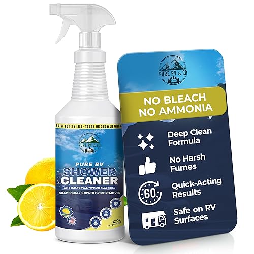 Pure RV Shower Cleaner 32oz Spray - RV Bathroom Cleaner for Fiberglass & Plastic | Removes Hard Water Stains, Soap Scum & Mildew | Bleach-Free, Low
