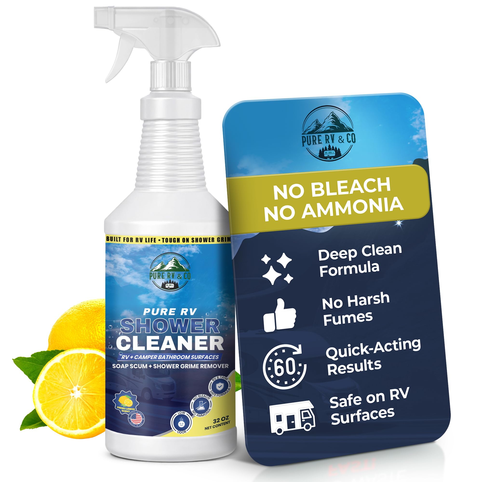 Pure RV Shower Cleaner 32oz Spray - RV Bathroom Cleaner for Fiberglass & Plastic | Removes Hard Water Stains, Soap Scum & Mildew | Bleach-Free, Low