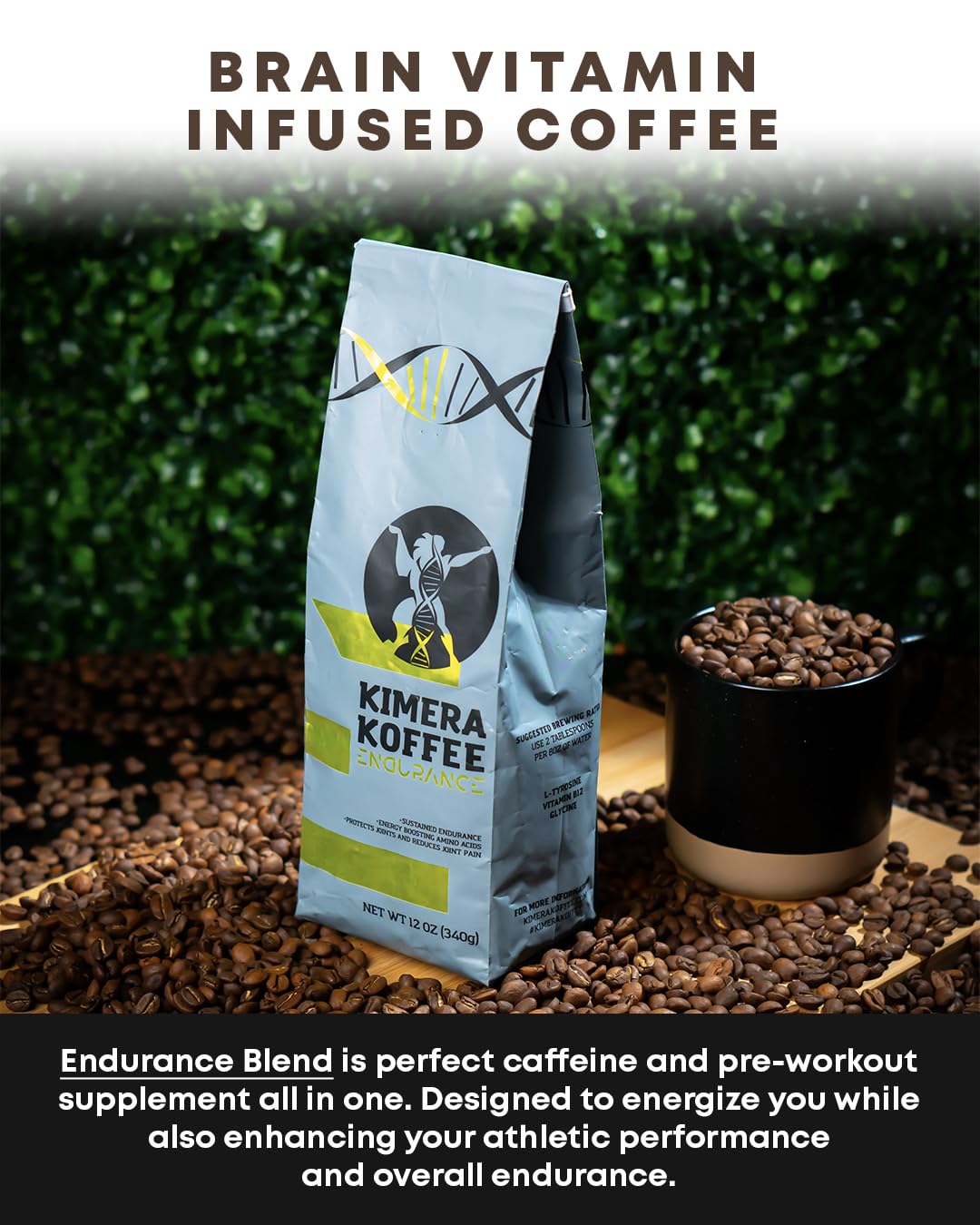 Kimera Koffee Endurance Blend - Organic Medium Roast Nootropic Coffee with L-Tyrosine and Glycine, 12oz Ground
