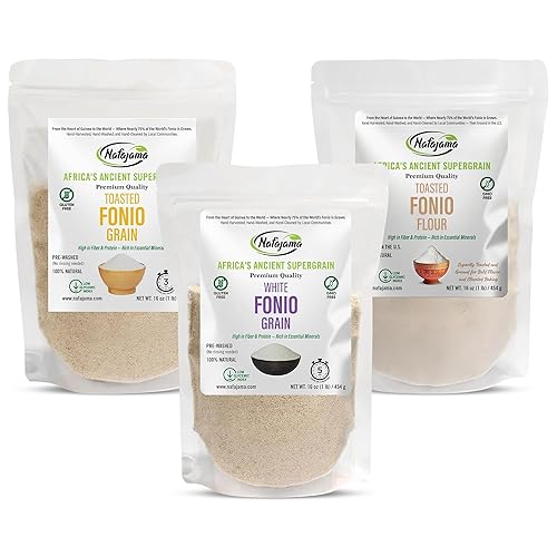Nafajama Premium Fonio Variety 3 Packs-3lb, White Fonio Grain, Toasted Fonio Grain Organic & Toasted Fonio Flour | Gluten-Free Ancient Grain | Non-GMO, Vegan, High-Fiber Rice Alternative