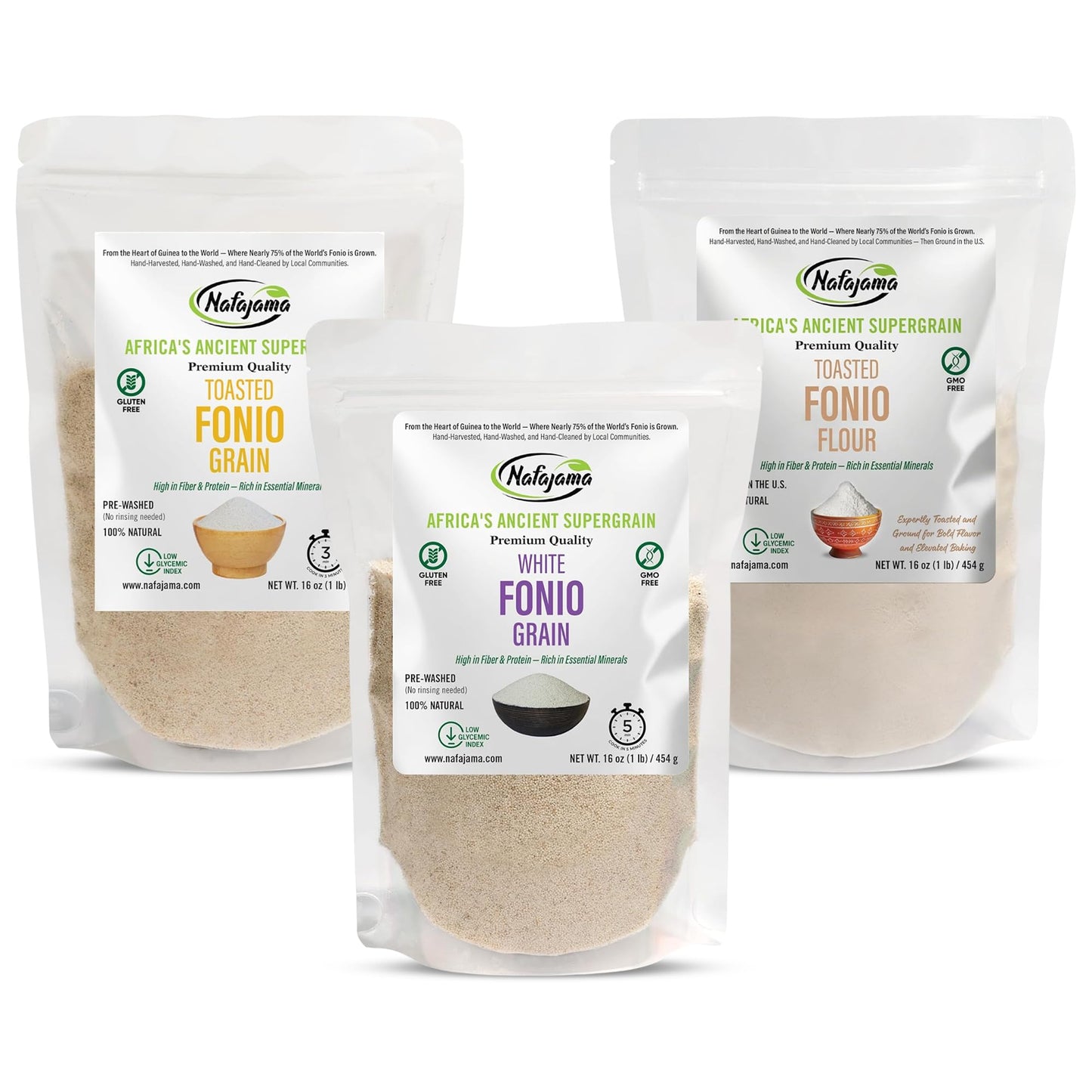 Nafajama Premium Fonio Variety 3 Packs-3lb, White Fonio Grain, Toasted Fonio Grain Organic & Toasted Fonio Flour | Gluten-Free Ancient Grain | Non-GMO, Vegan, High-Fiber Rice Alternative