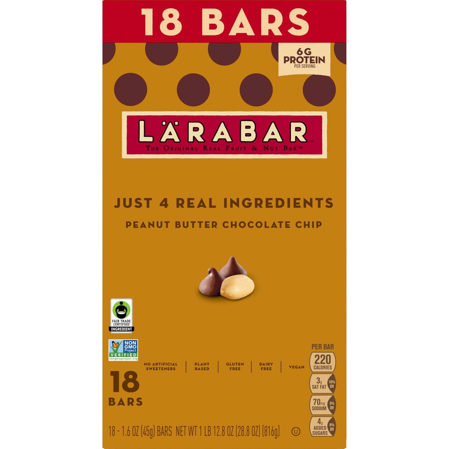 Larabar Peanut Butter Chocolate Chip, Fruit and Nut Bars, Gluten Free and Vegan, 18 Ct, 28.8 oz