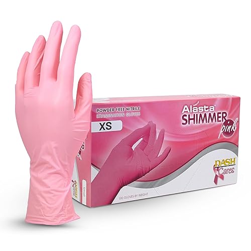 Dash Alasta Shimmer Nitrile Exam Gloves -Pink -XS | Powder-Free Medical Grade Disposable Gloves, ASTM Certified | 2.8 Mil Thickness, 9.1 in Length |